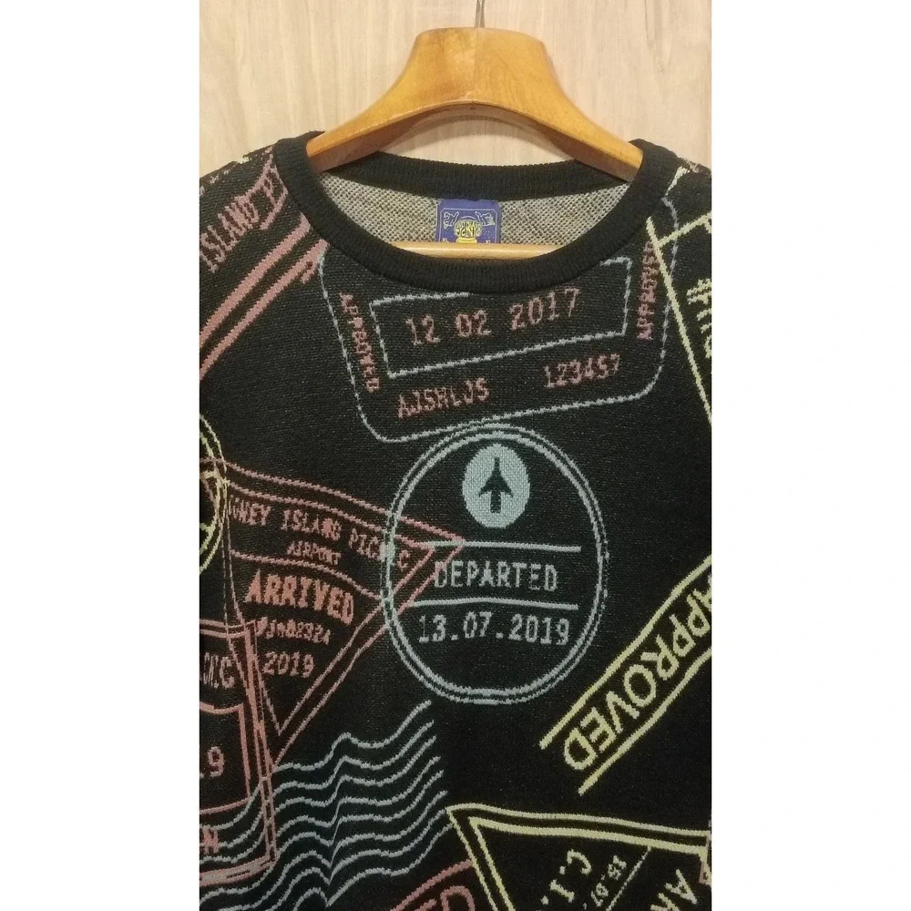 Coney Island Picnic Mens XL Passport Stamp Knit Short Sleeve Sweater Black